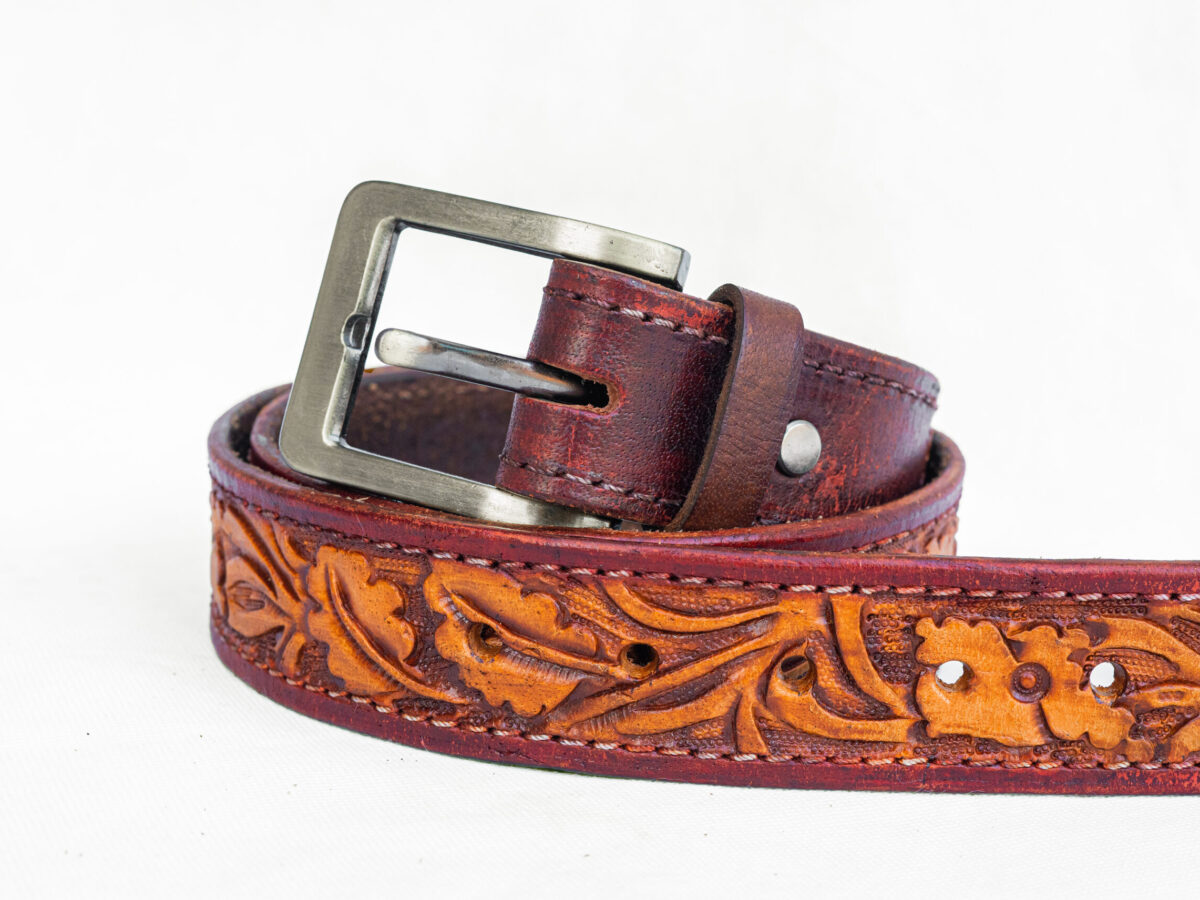 Genuine Leather Belt with Durable Metal Buckle, Tooled Floral Pattern Western Floral Leather Belt for Men, Personalized Cowboy  main image 2