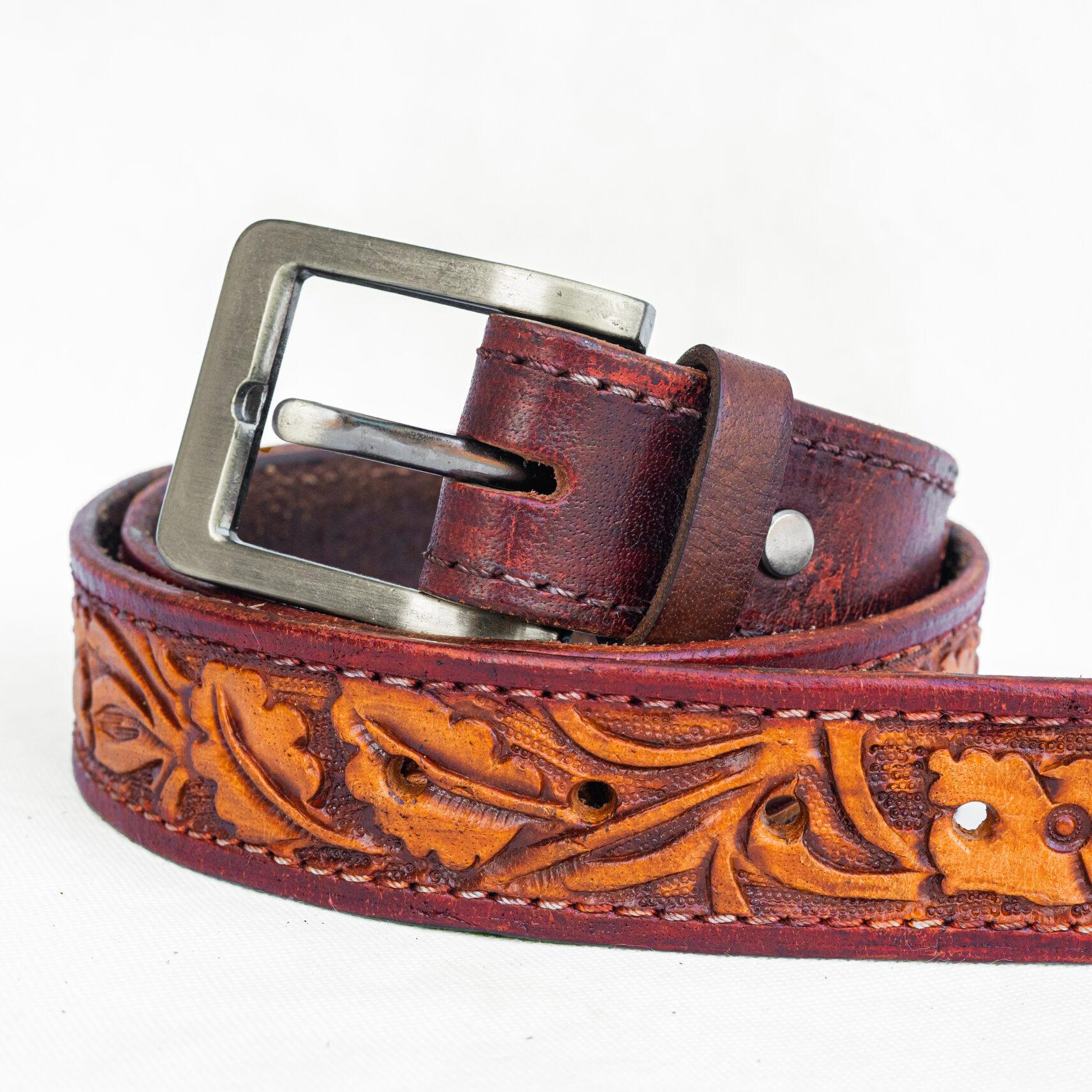 Genuine Leather Belt with Metal Buckle, Tooled Floral Pattern, Casual Wear Two Tone Black Russet Floral – Vogt Silversmiths main image 3