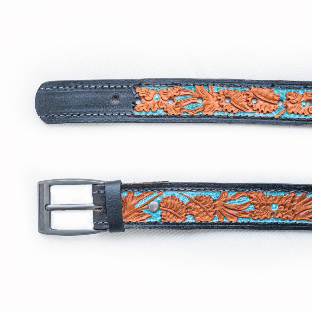 Turquoise Accented Hand Tooled Western Leather Belt