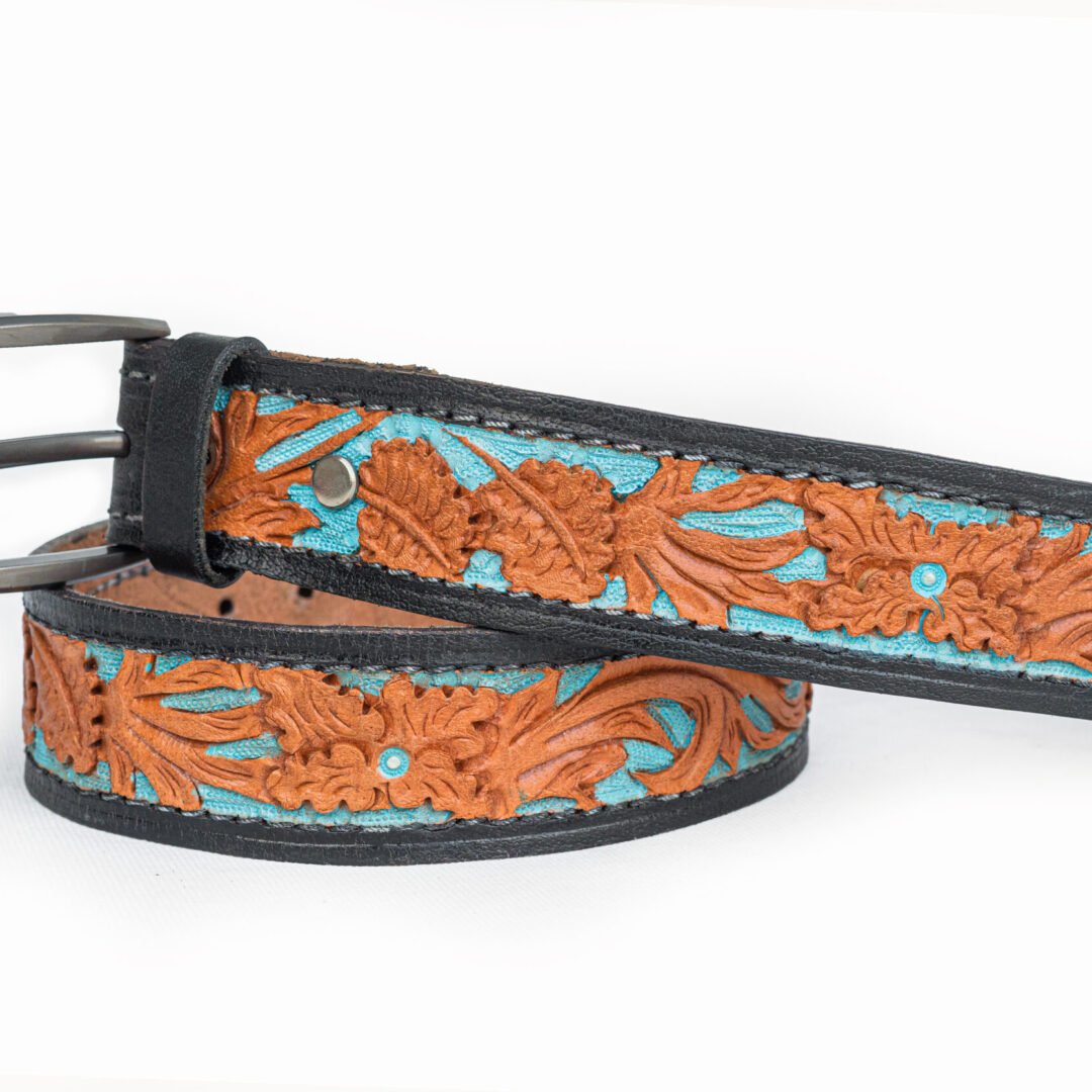 Turquoise Accented Hand Tooled Western Leather Belt