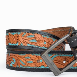 Hand Tooled / Turquoise Accented Hand Tooled Western Leather Belt