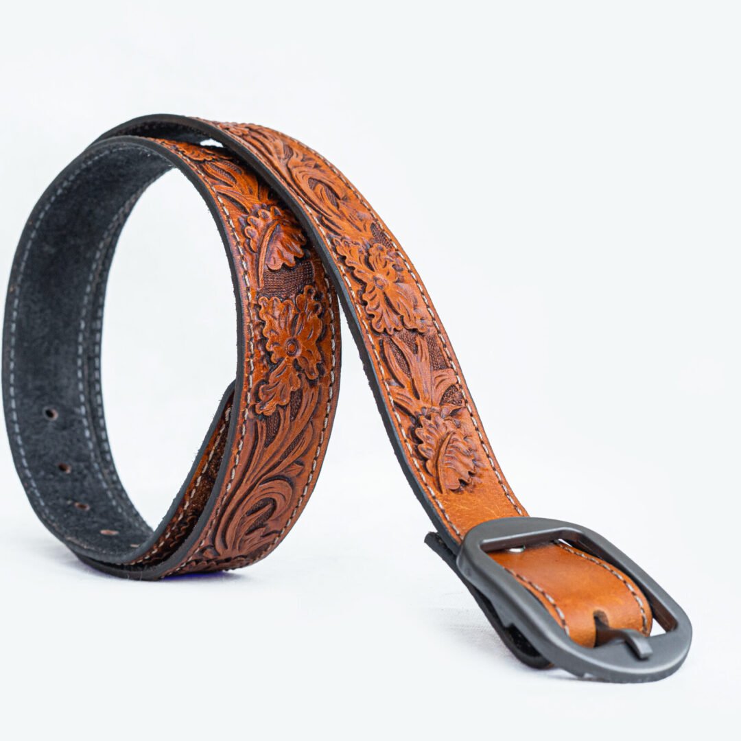 Handmade Leather Belt Featuring A Beautiful Floral Pattern