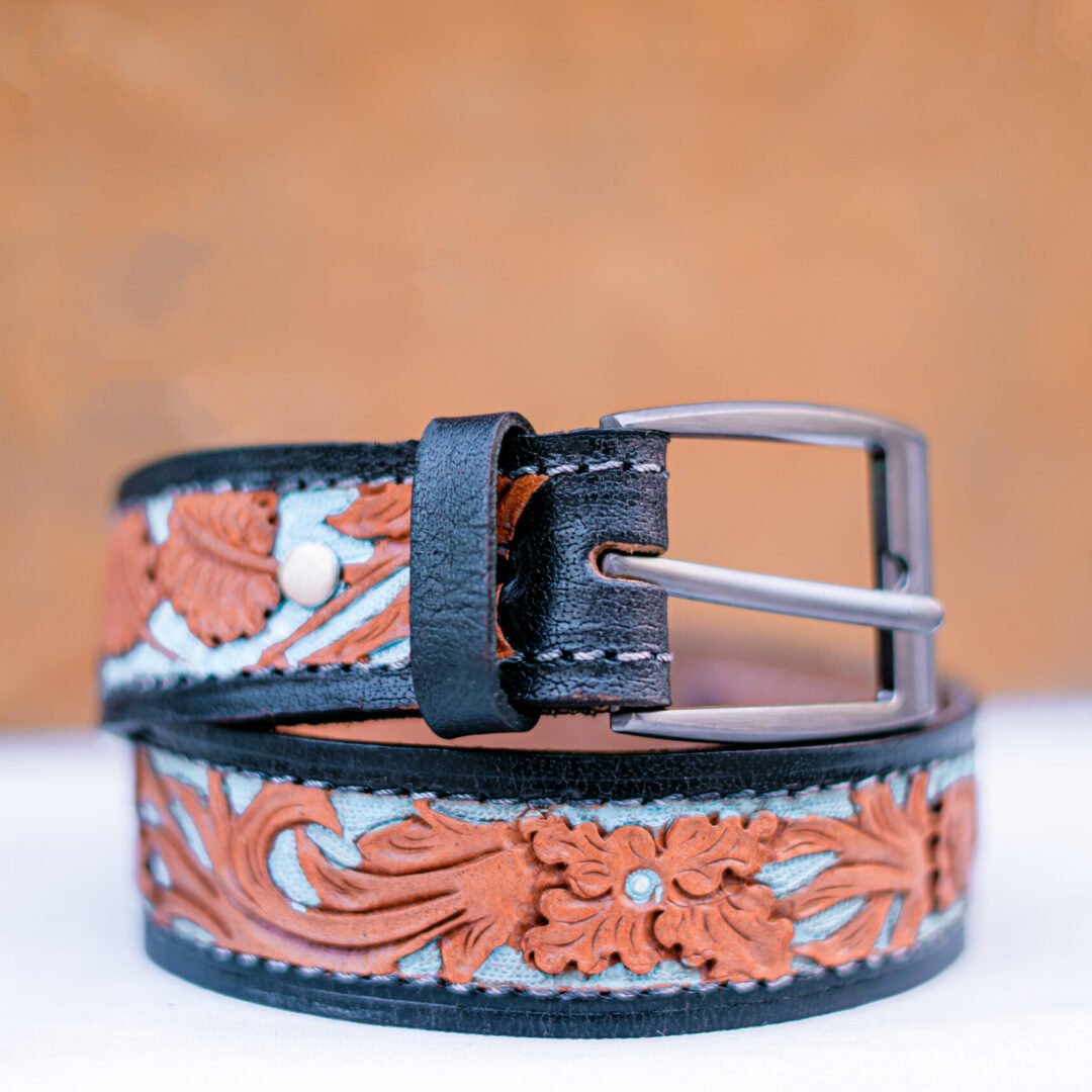 Hand Tooled Leather Belt With Intricate Design