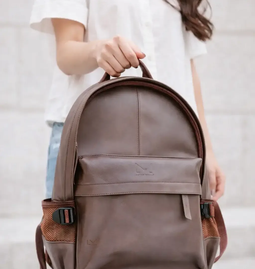 Modern Grey-Brown Leather Laptop Backpack