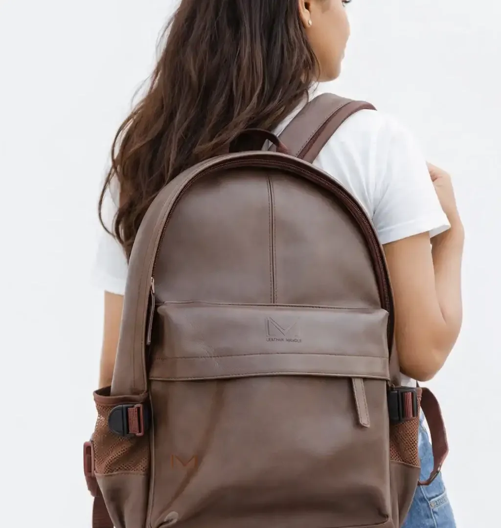 Modern Grey-Brown Leather Laptop Backpack