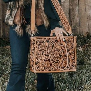 Handcrafted Tooled Leather Bag With Intricate Patterns