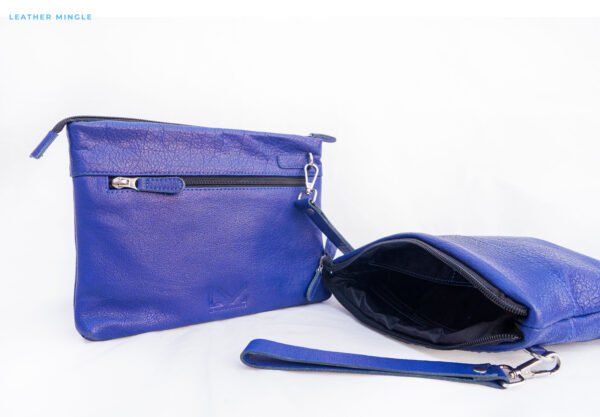 Soft Blue Leather Pouch Bag With A Minimalist Design, Perfect For Everyday Use