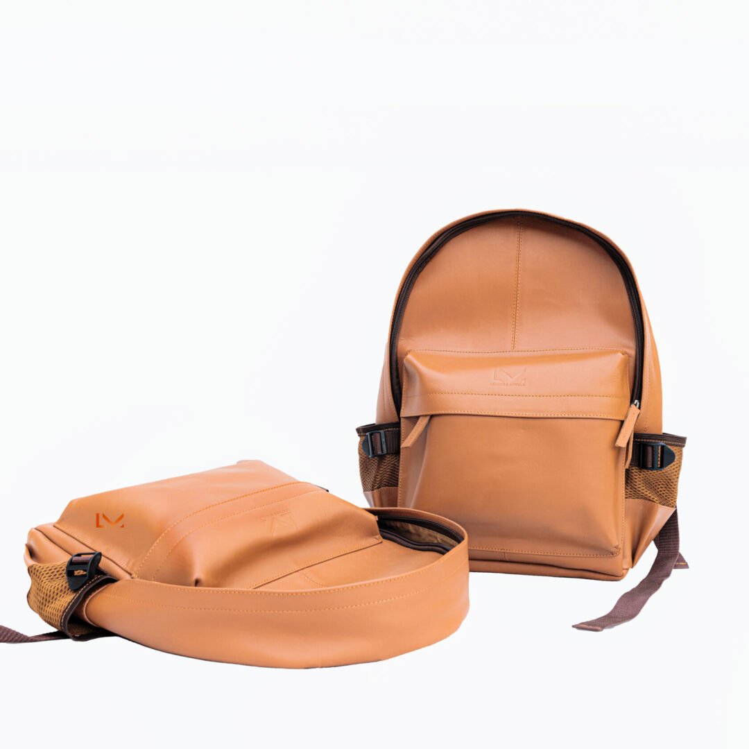 Tan Leather Laptop Backpack With Multiple Compartments For Organization