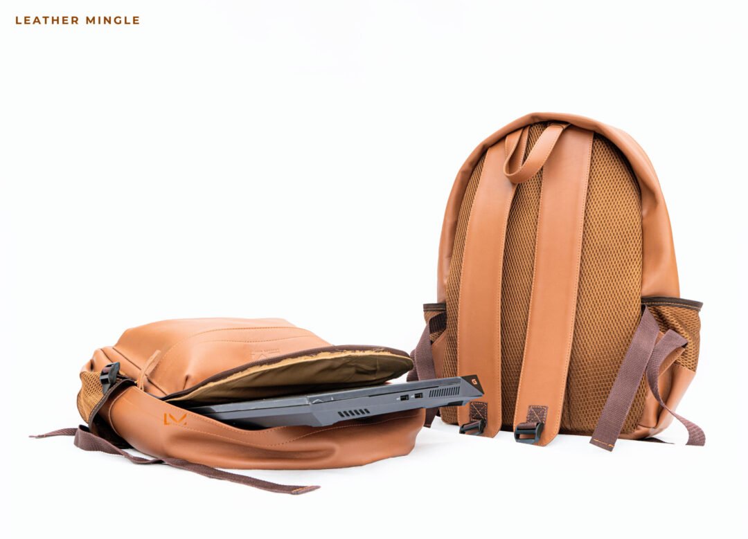 Tan Leather Laptop Backpack With Multiple Compartments For Organization