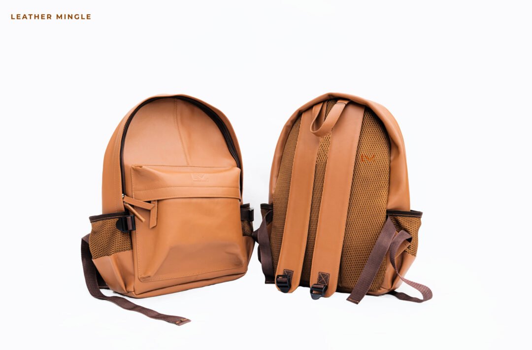 Tan Leather Laptop Backpack With Multiple Compartments For Organization