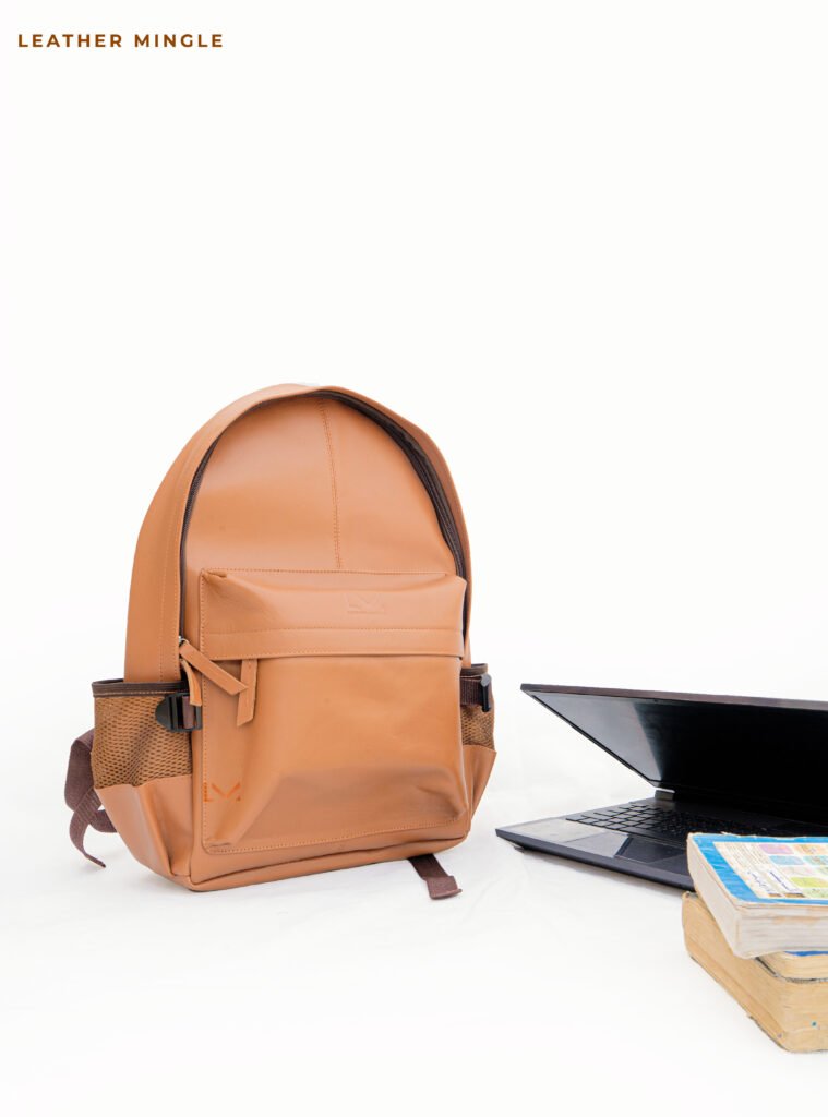 Tan Leather Laptop Backpack With Multiple Compartments For Organization