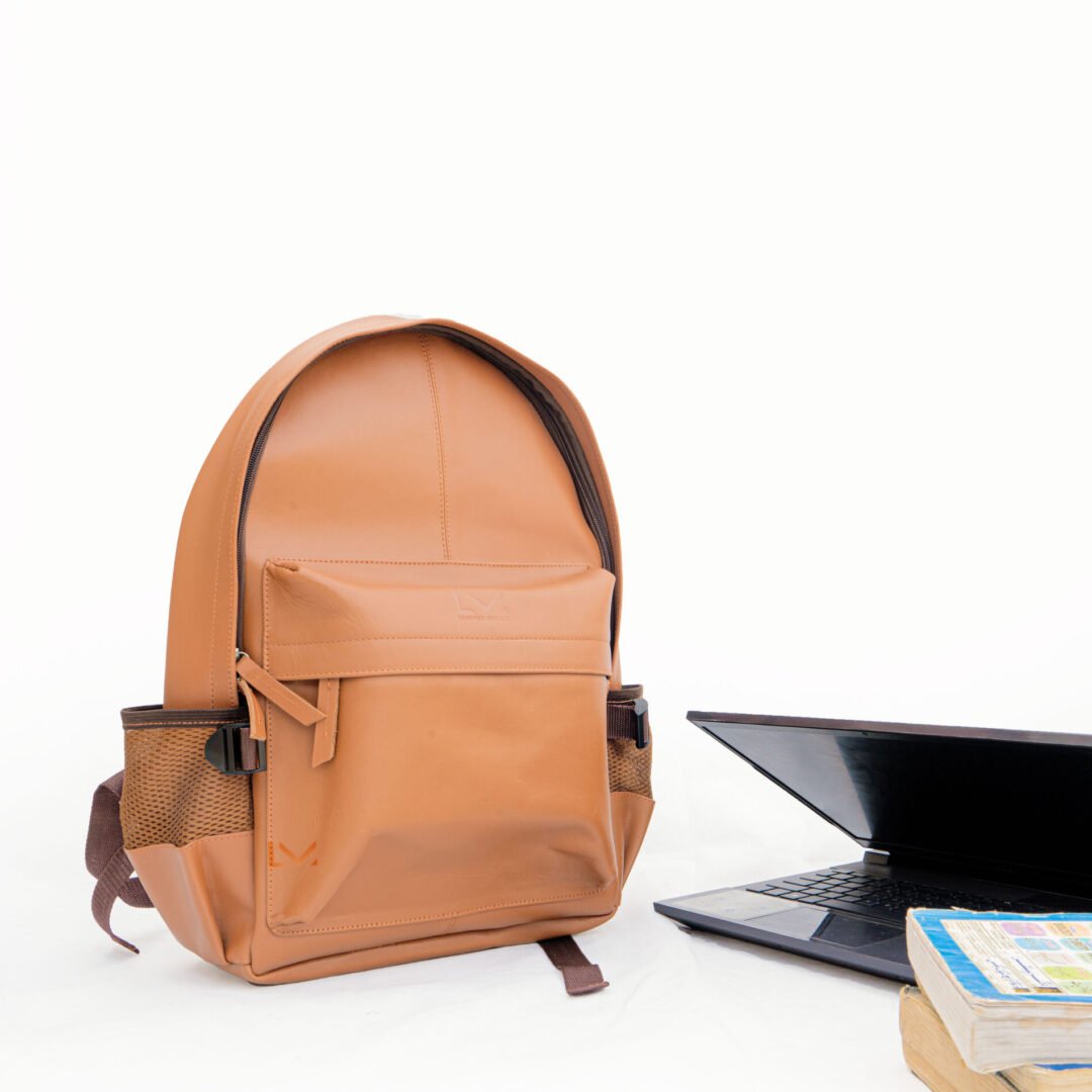 Tan Leather Laptop Backpack With Multiple Compartments For Organization