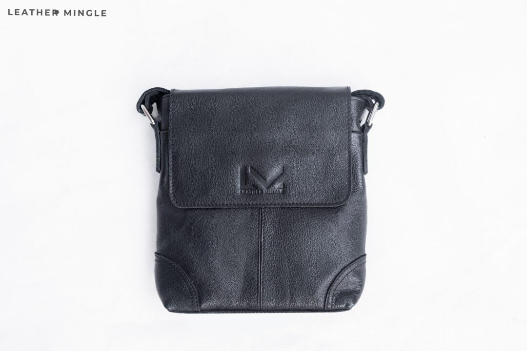 Unisex Crossbody Black Leather Bag With Adjustable Strap