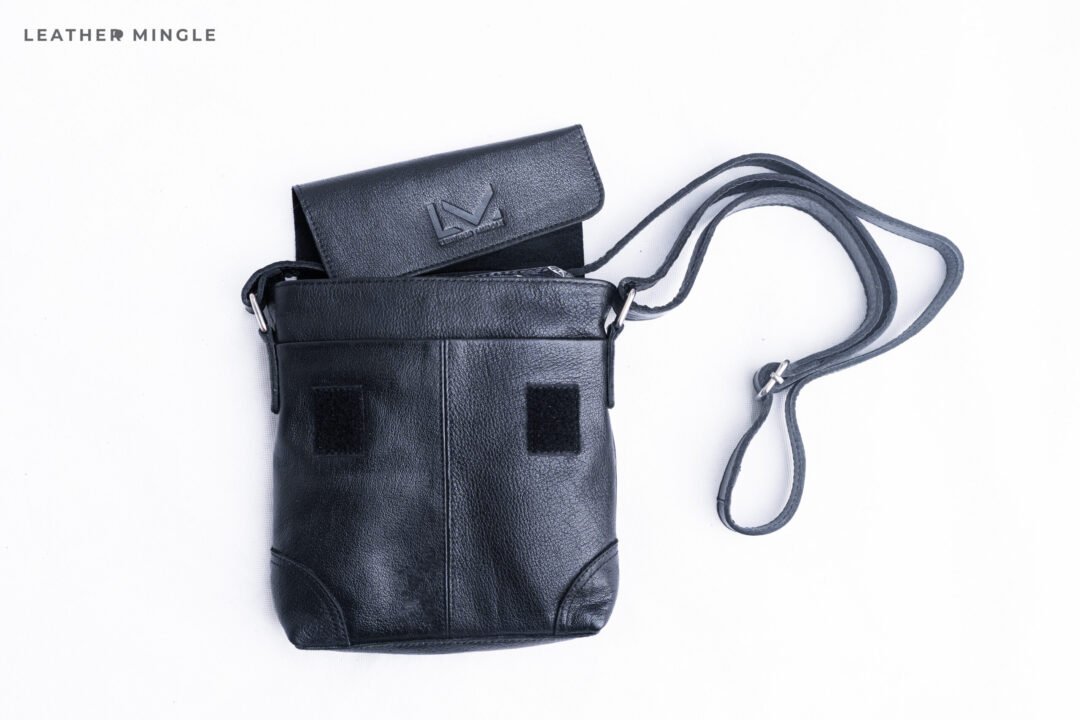 Unisex Crossbody Black Leather Bag With Adjustable Strap