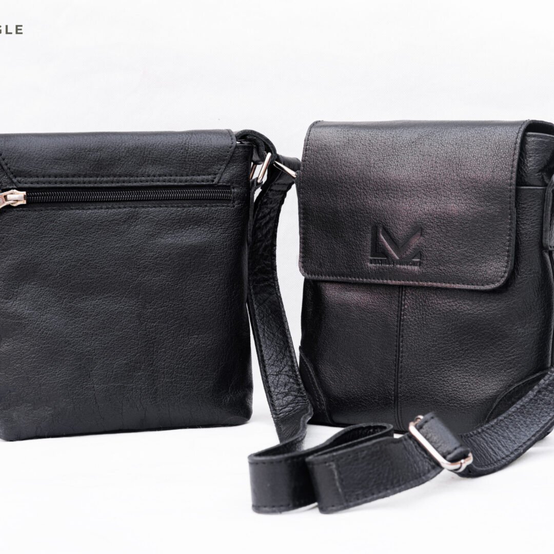 Unisex Crossbody Black Leather Bag With Adjustable Strap