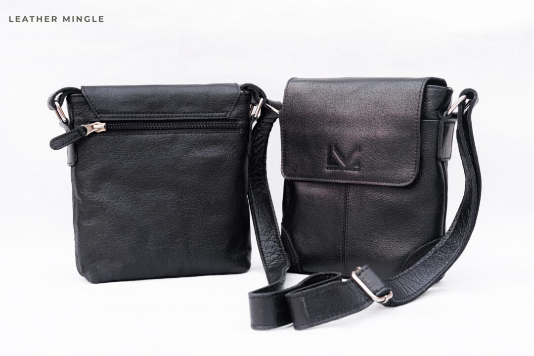 Unisex Crossbody Black Leather Bag With Adjustable Strap
