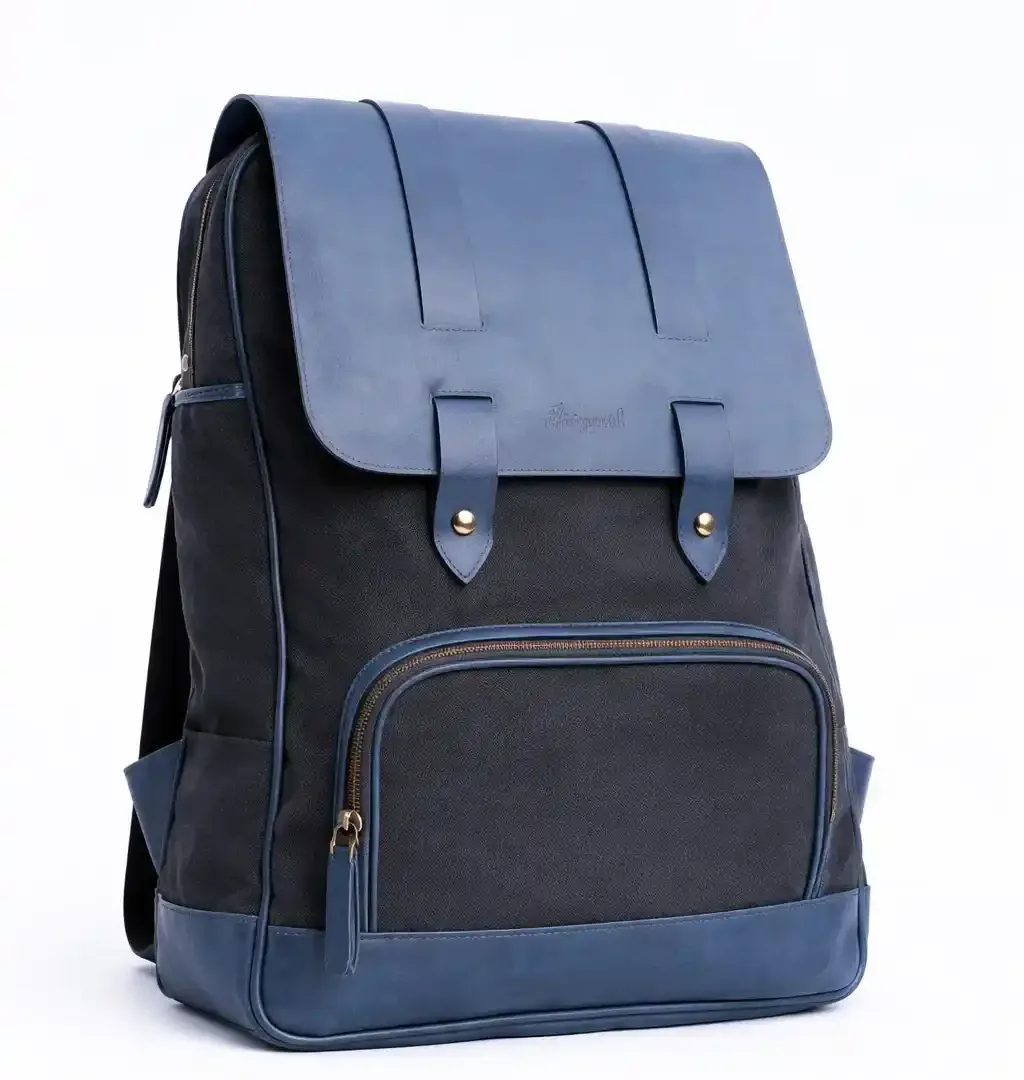 Modern Blue & Black Leather Canvas Backpack