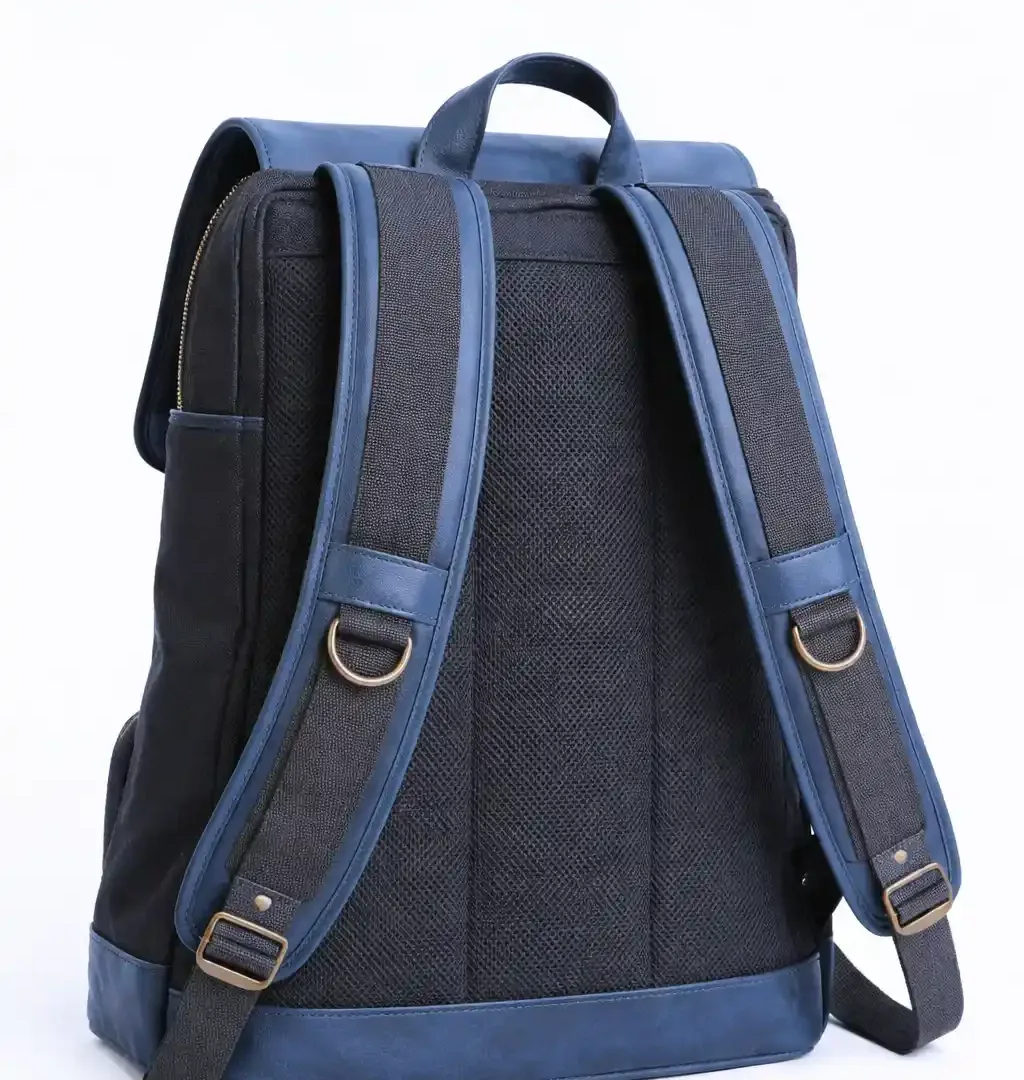 Modern Blue & Black Leather Canvas Backpack