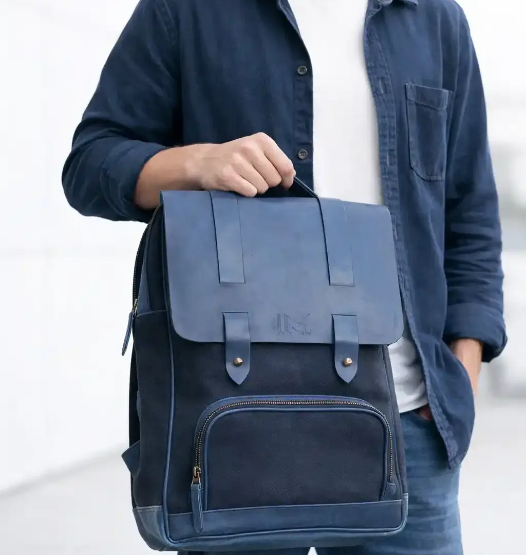 Modern Blue & Black Leather Canvas Backpack