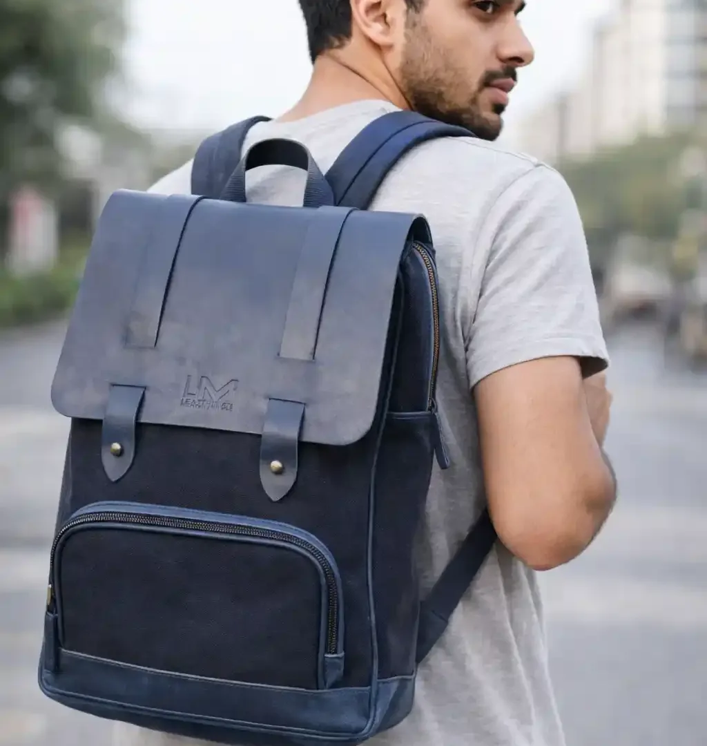 Modern Blue & Black Leather Canvas Backpack