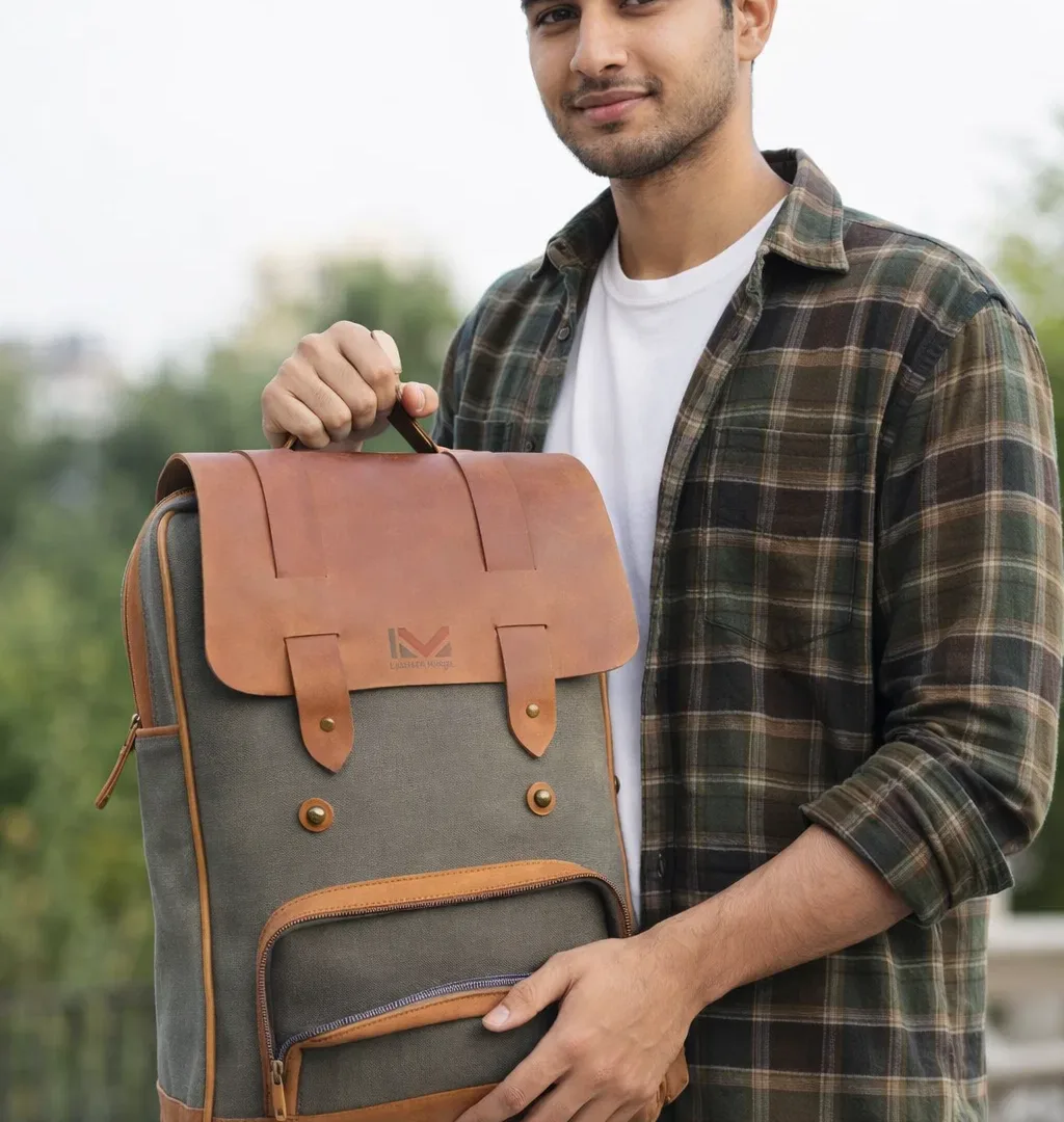Vintage Grey and Brown Leather Flap Top Backpack