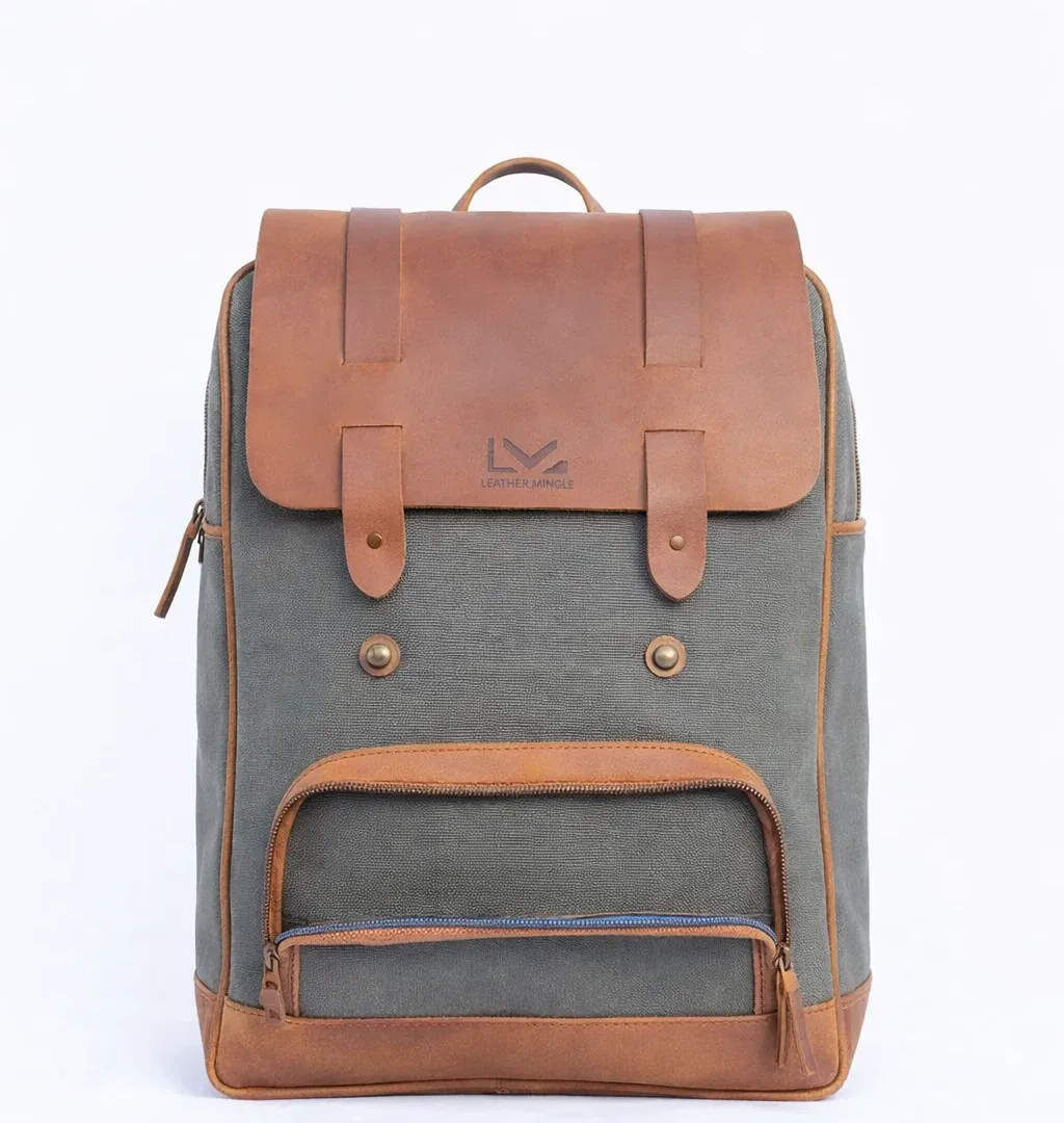 Vintage Grey and Brown Leather Flap Top Backpack