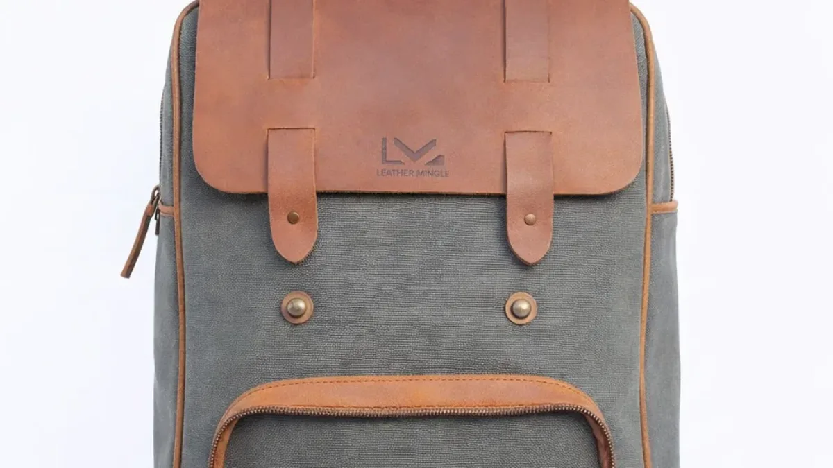 VA Made In Italy Stylish gray and Brown Leather Backpack/Bag Rugged Vintage-Style Graphite Canvas & Leather Backpack | In  main image 2