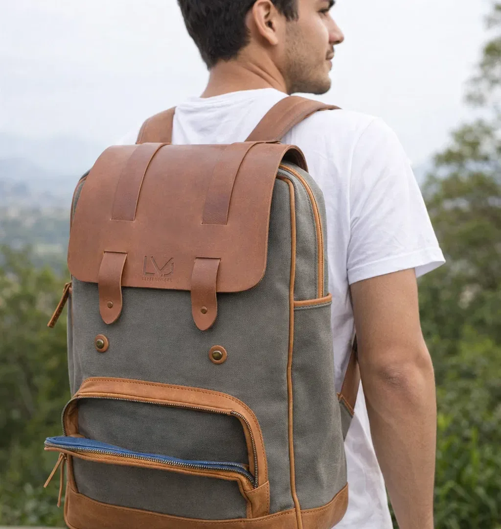 Vintage Grey and Brown Leather Flap Top Backpack