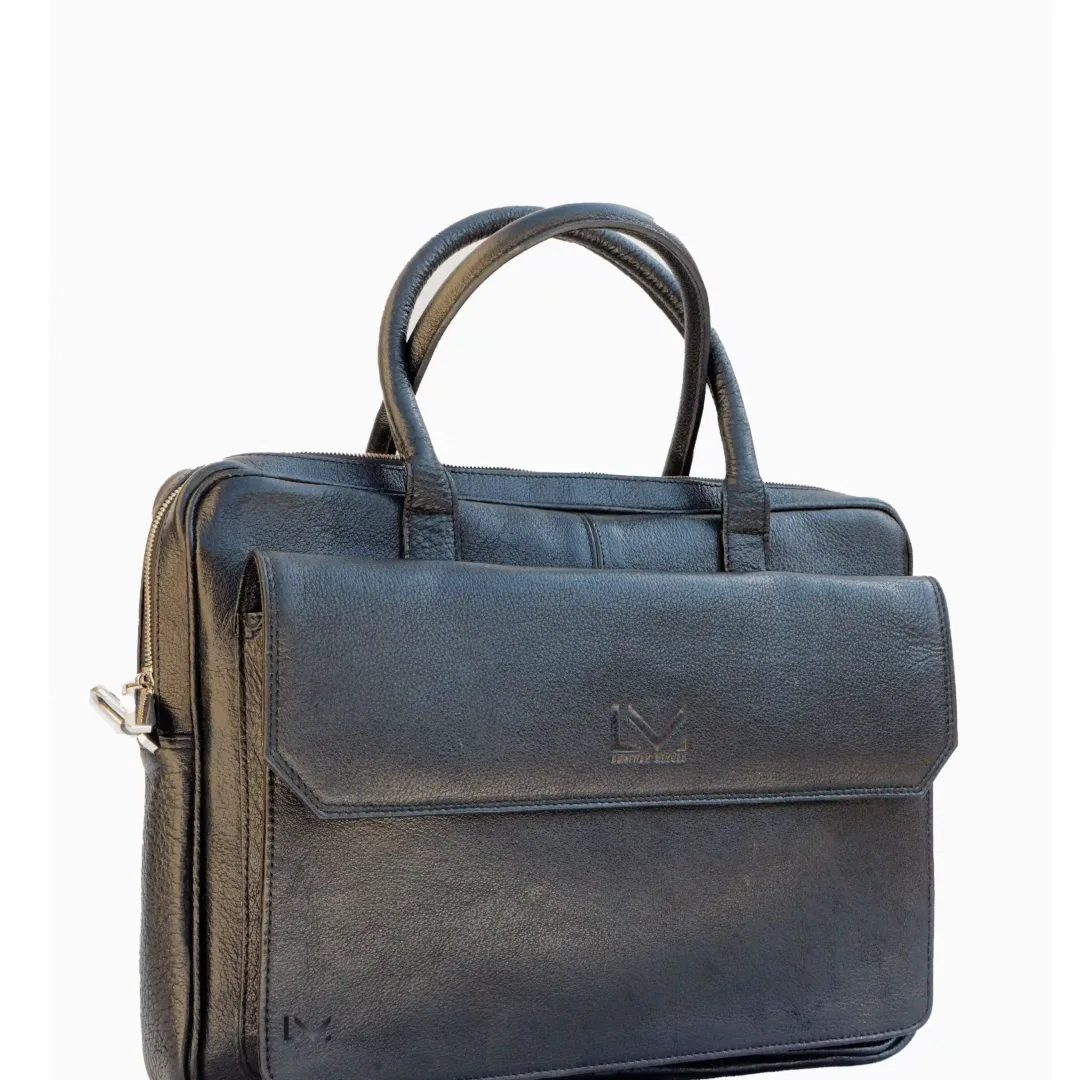 Unisex Black Leather Business Laptop Bag - Leather Mingle