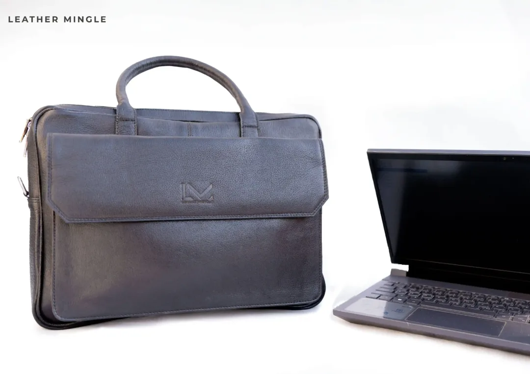 Unisex Black Leather Business Laptop Bag - Leather Mingle