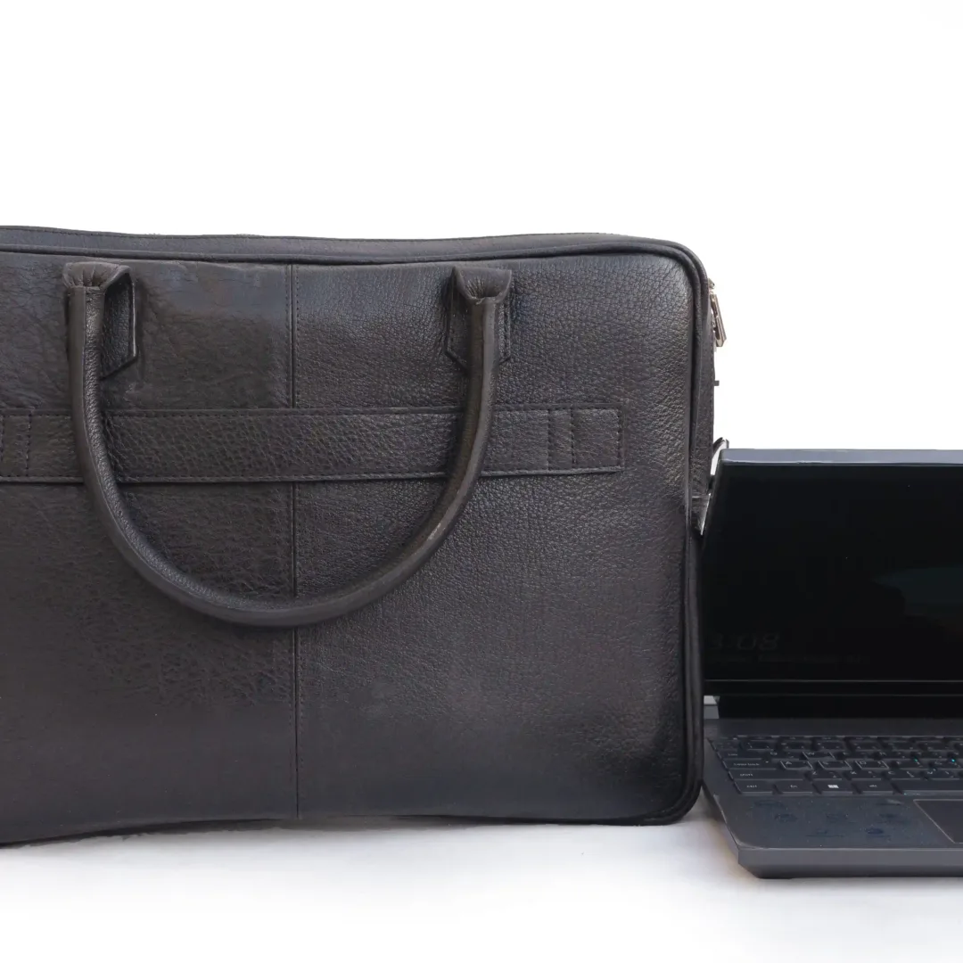 Unisex Black Leather Business Laptop Bag - Leather Mingle