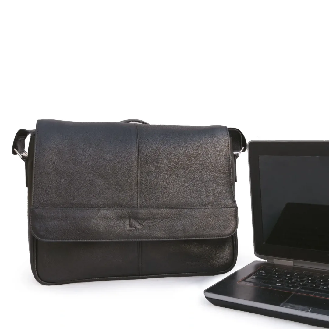 Unisex Black Leather Shoulder Laptop Bag - Leather Mingle