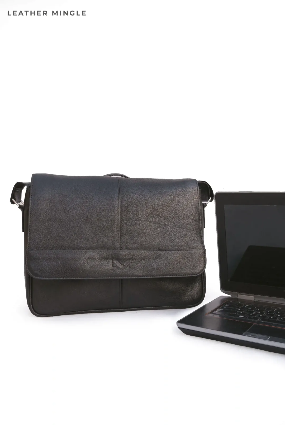 Unisex Black Leather Shoulder Laptop Bag - Leather Mingle