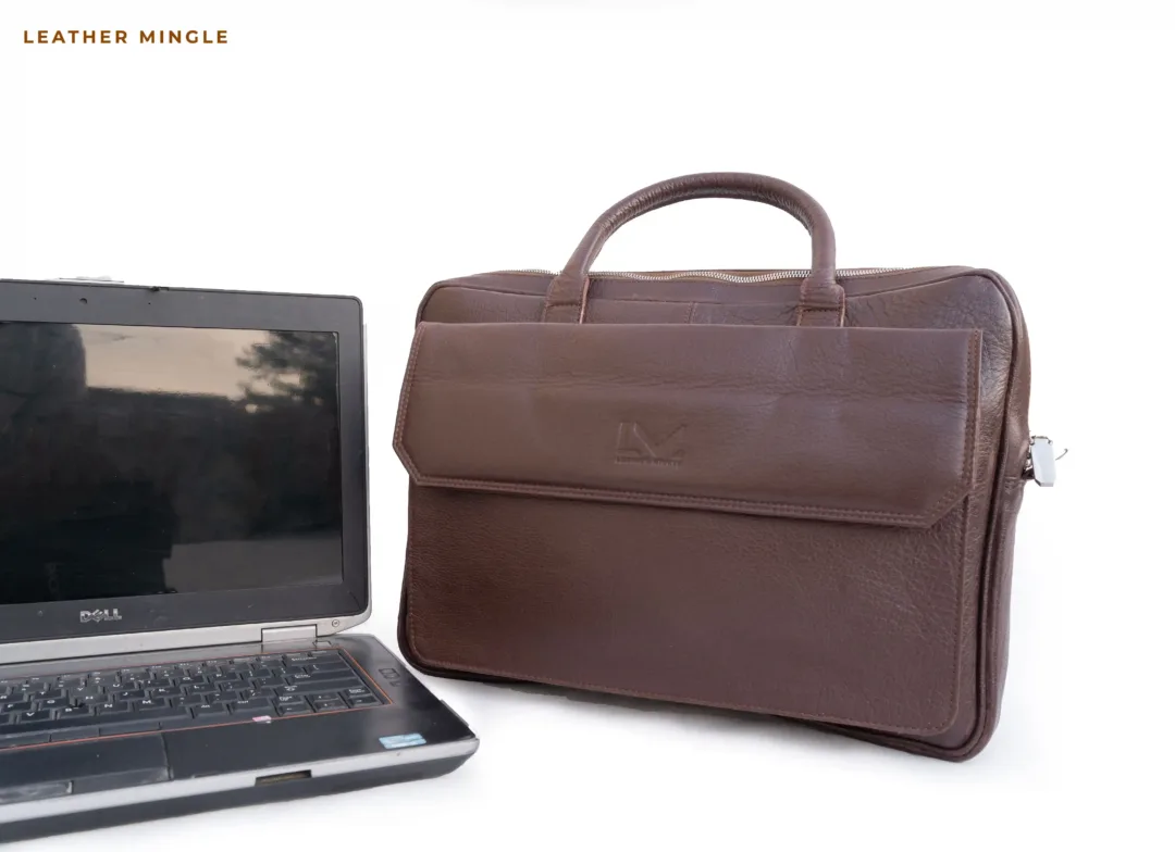 Unisex Brown Leather Business Laptop Bag - Leather Mingle