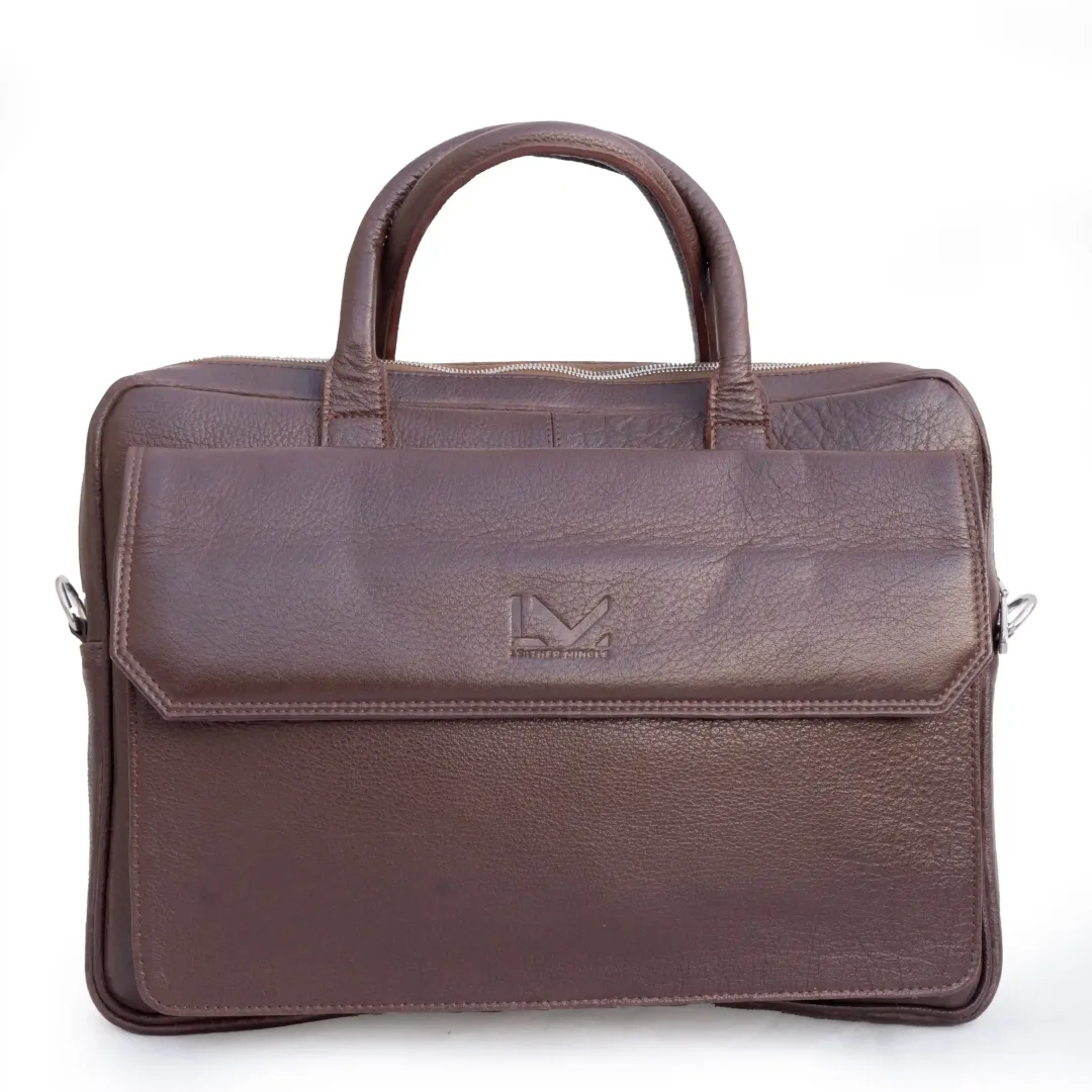 Unisex Brown Leather Business Laptop Bag - Leather Mingle