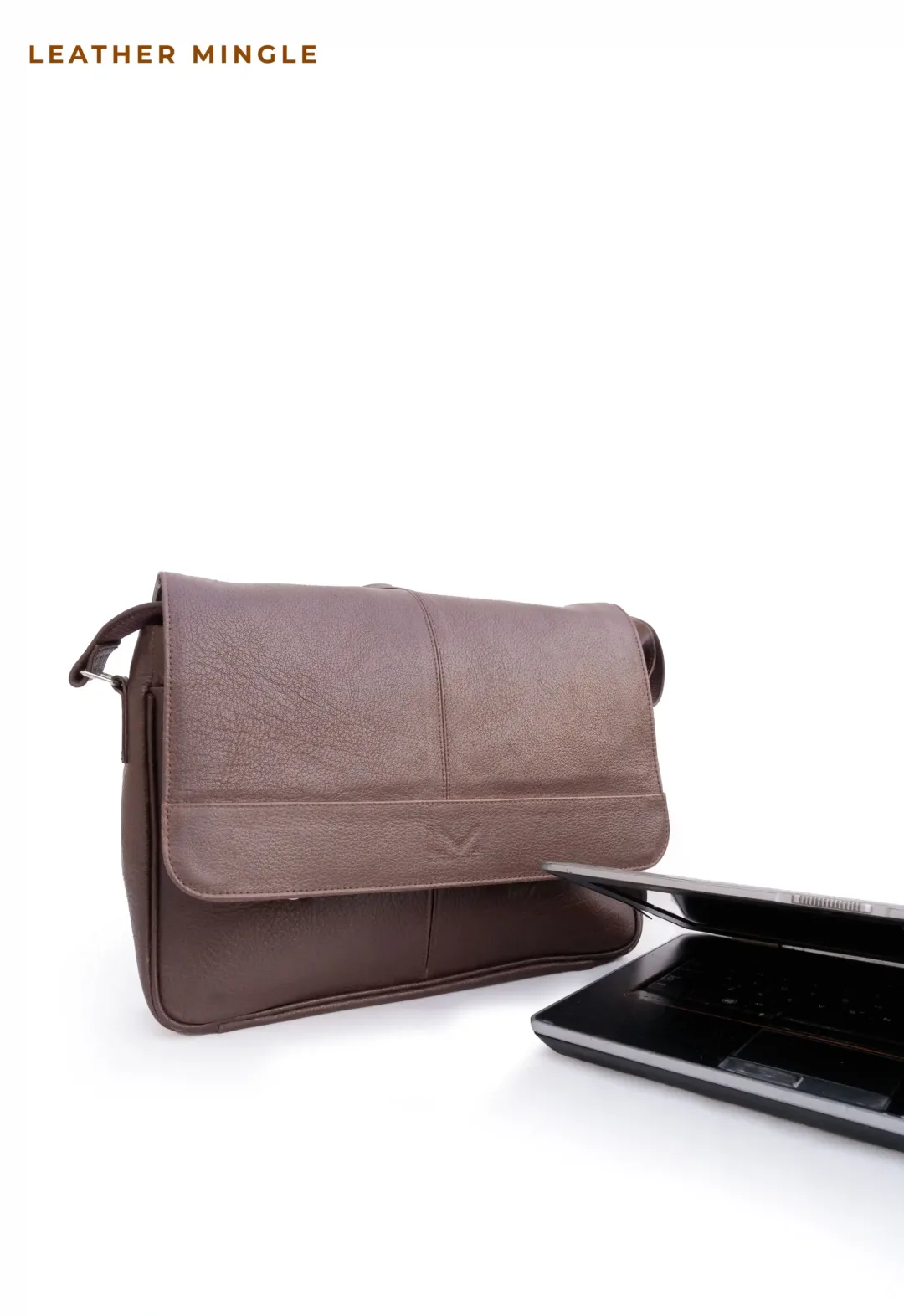 Unisex Brown Leather Shoulder Laptop Bag -Leather Mingle