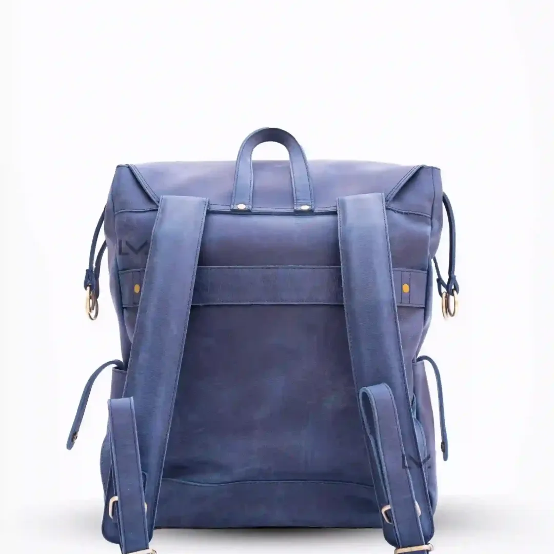 Blue Leather Flap Top Backpack