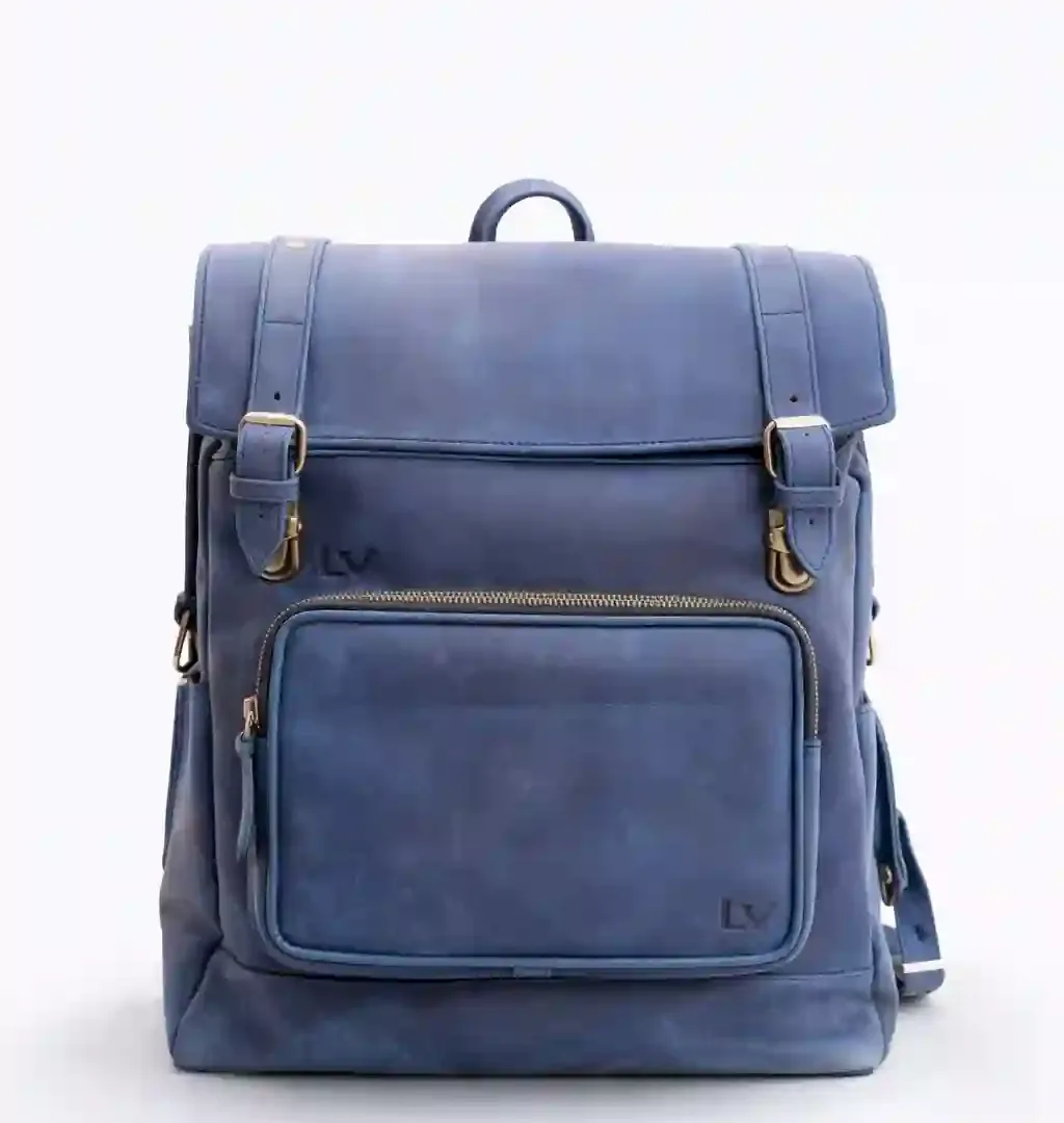Blue Leather Flap Top Backpack