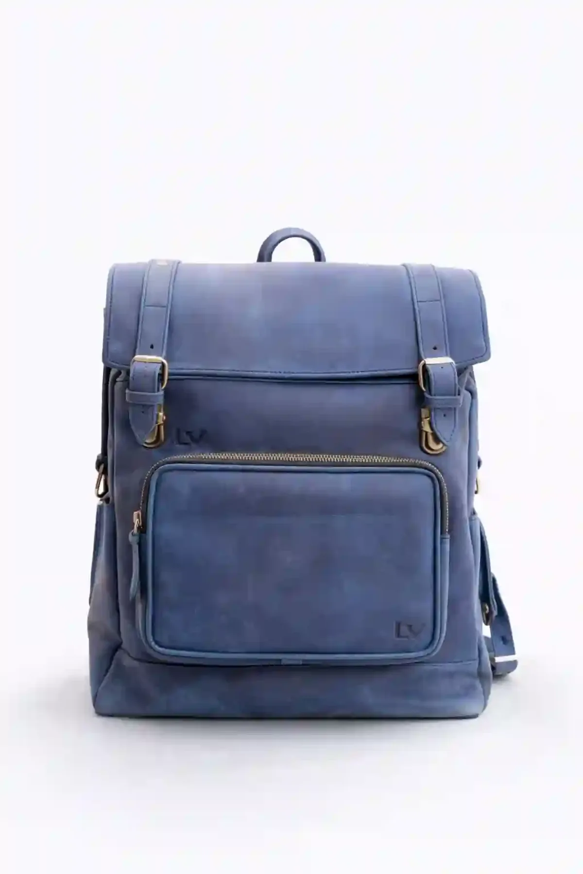 Blue Leather Flap Top Backpack with Buckle & Drawstring  display picture 2