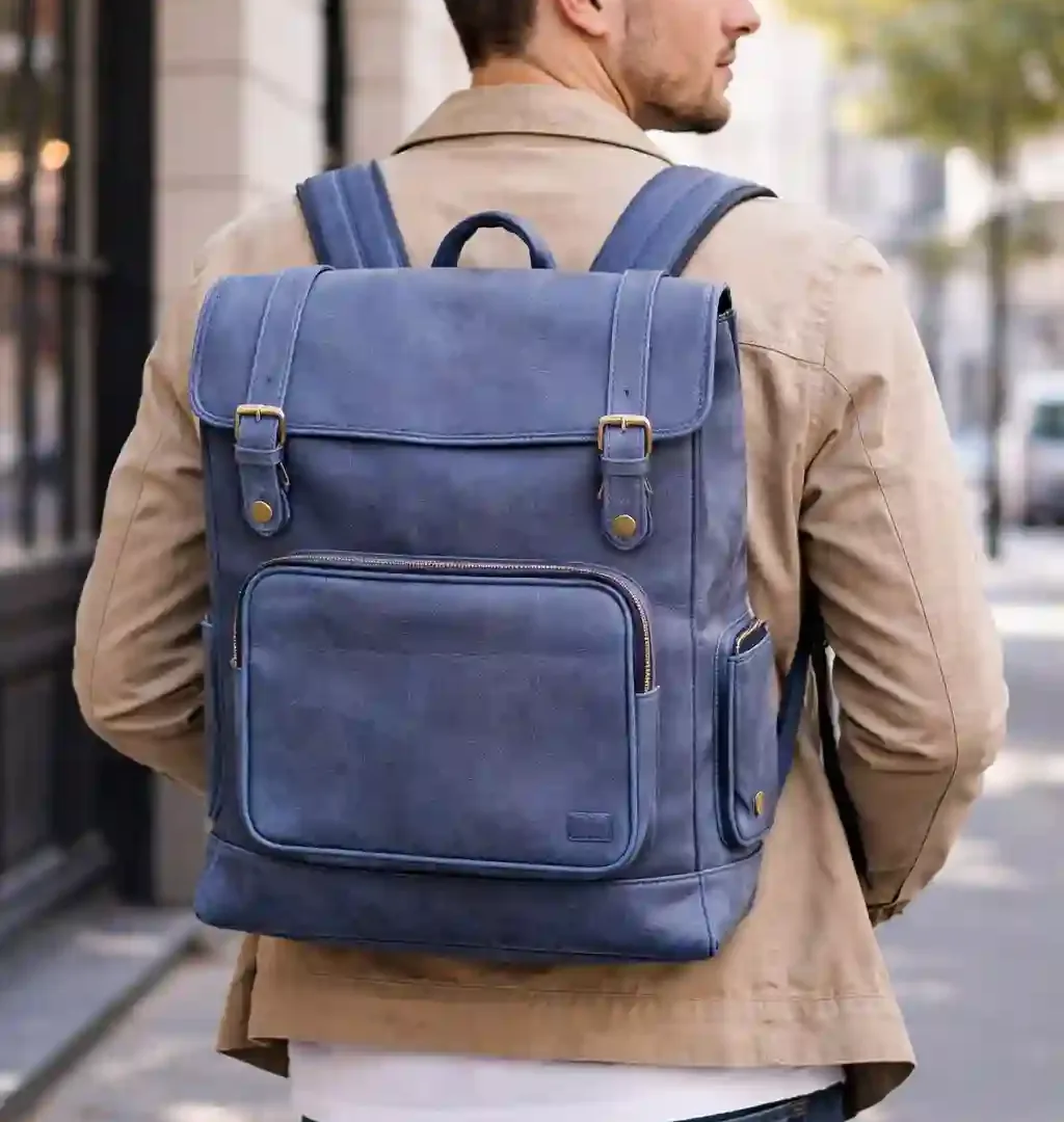 Blue Leather Flap Top Backpack