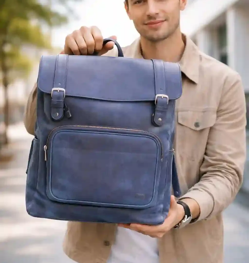 Blue Leather Flap Top Backpack