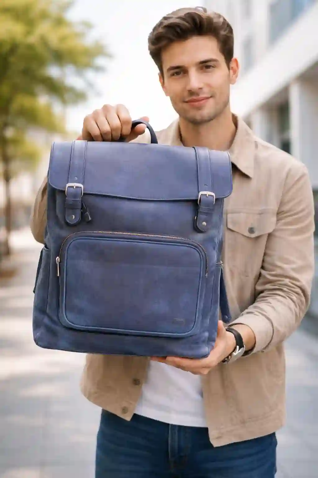Blue Leather Flap Top Backpack 3 Blue Leather Flap Top Backpack
