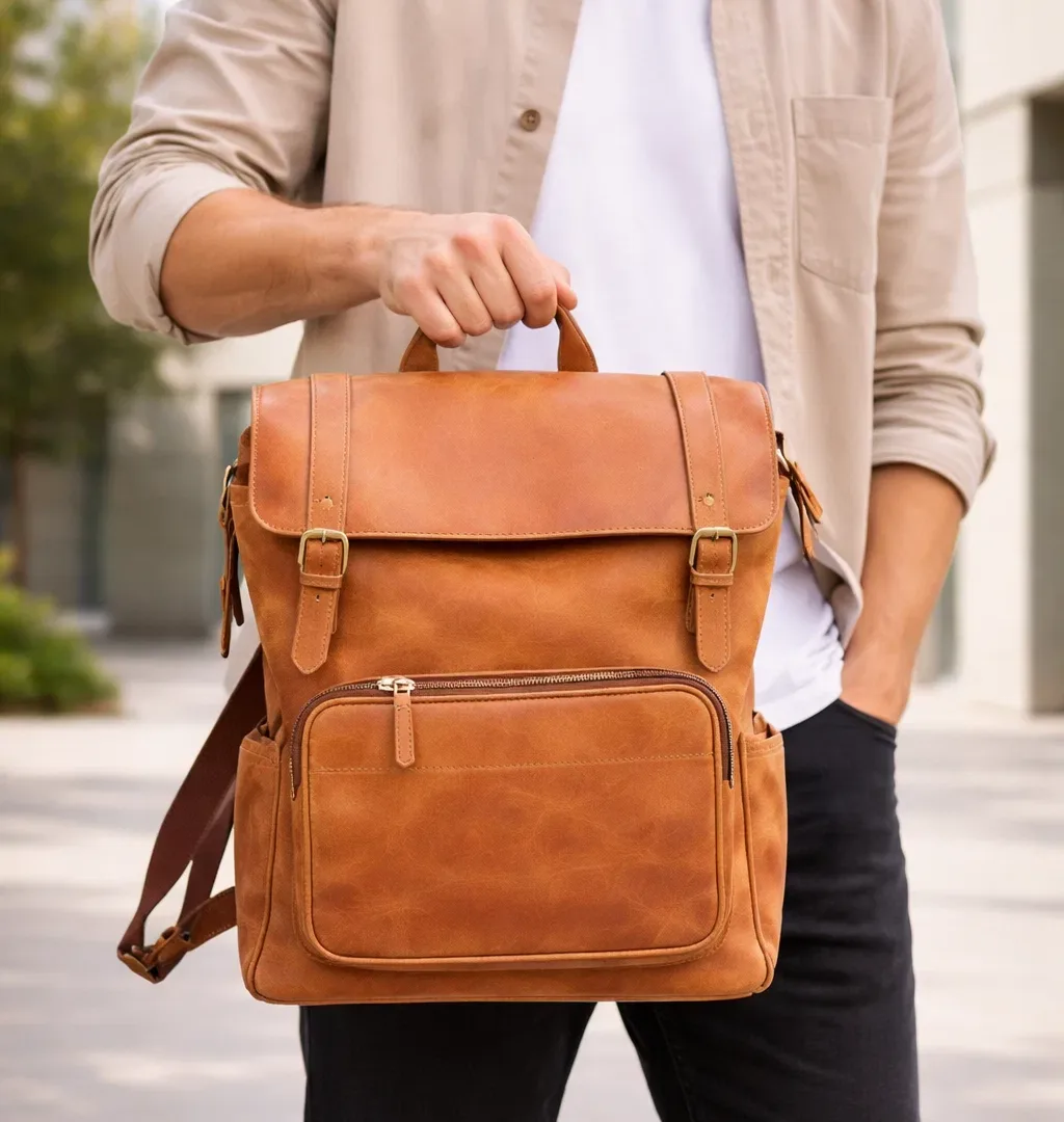 Vintage Brown Leather Flap Top Backpack