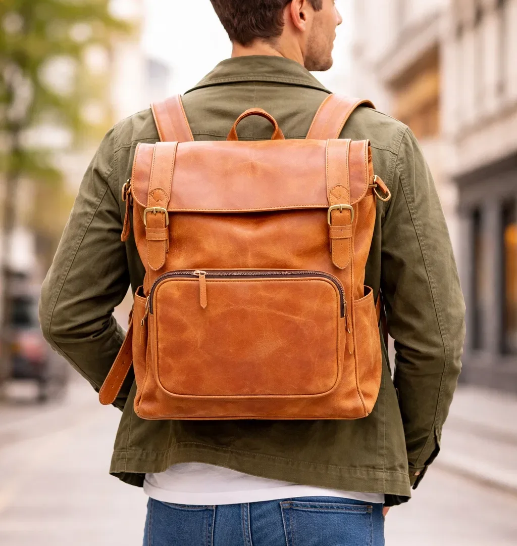 Vintage Brown Leather Flap Top Backpack